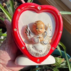Vtg Dickson VALENTINE Heart Angel W/Harp Planter Japan Sticker Rhinestones *READ